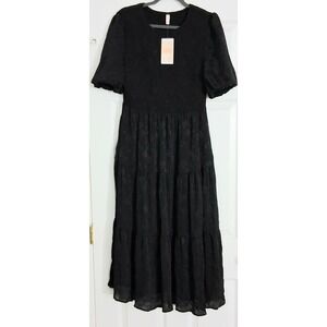 Kirundo Black Dress Large Puff Sleeves Smocked Top Tiered Midi Dress Pockets